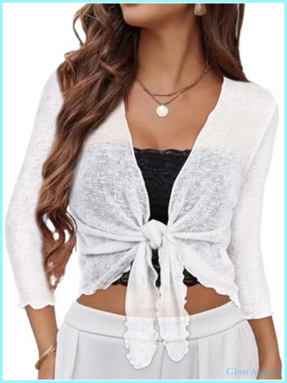 Women Crop Bolero Shrug Tie Front 3/4 Sleeve Sheer Cardigan